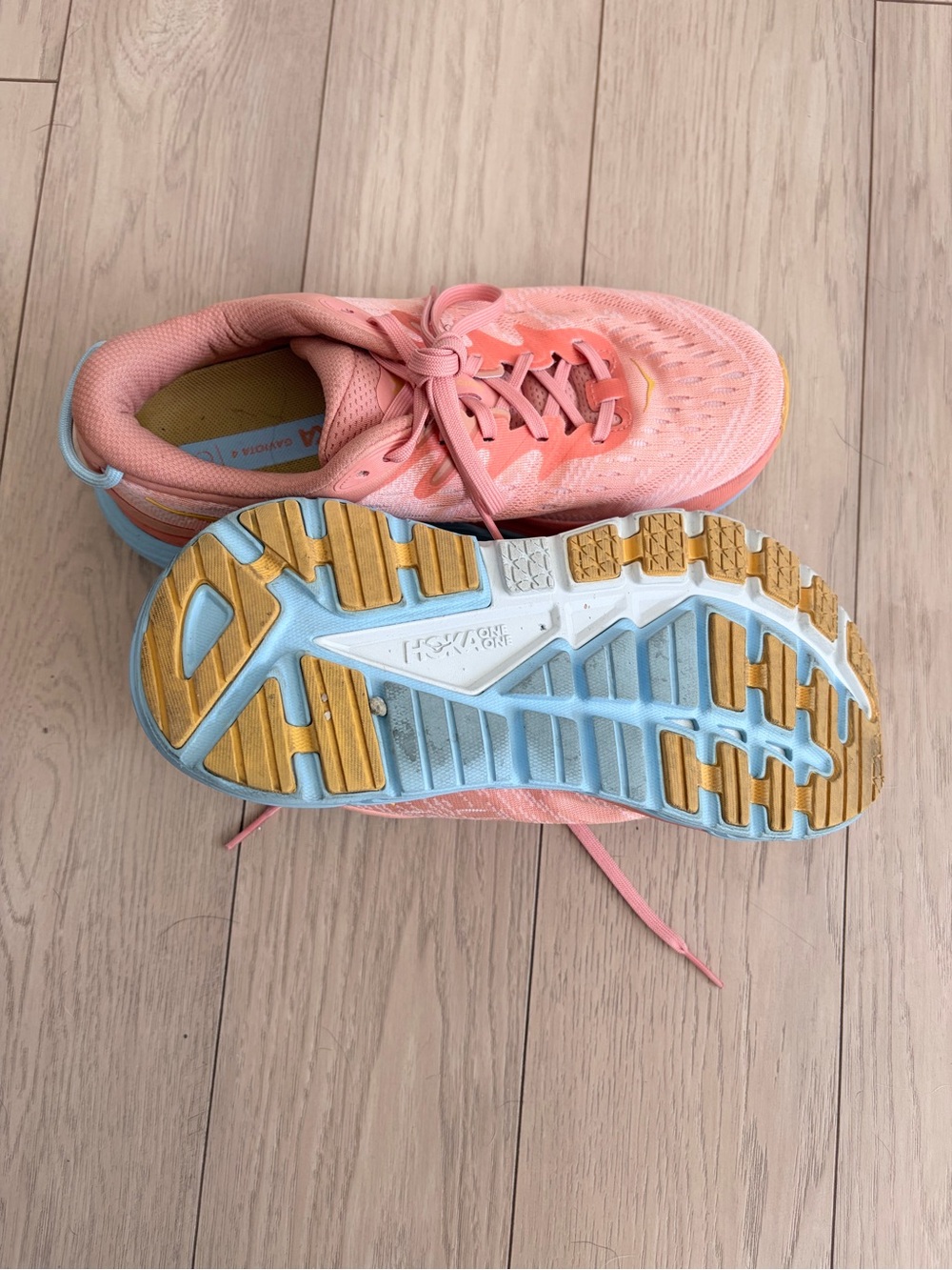 Hoka Coral Pink & Light Blue Women's Running Sneakers - Picture 2 of 5